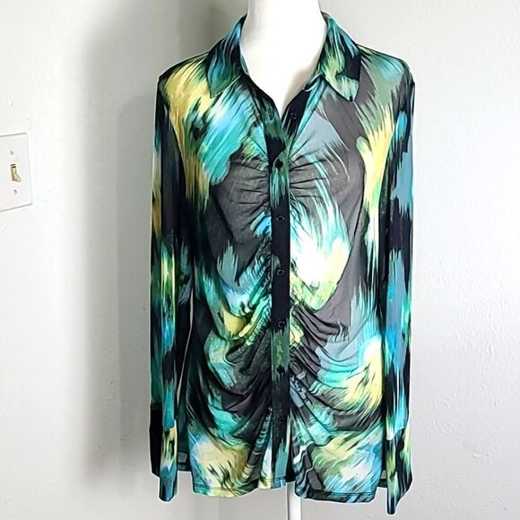 Future Collective Sheer Buttondown Blouse, Ruching Down the Center, Size Medium - Picture 3 of 10